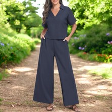 Yazlık V Yaka Rahat Keten Takım