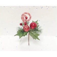 Stiker 20CM Yılbaşı Dal Red Yapay Çiçek Çam Ağaç Süs Dekoratif Şeker Figürlü Yeşil Yapraklı 1 Adet