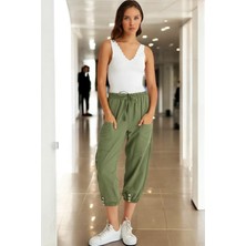 Barbora Beli Lastikli Düğme Detaylı Keten pantolon