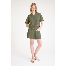 Yaka Detaylı Şortlu Ikili Haki Takım