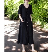 Barbora Keten Günlük Rahat V Yaka Beli Büzgü Detaylı Düğmeli Elbise