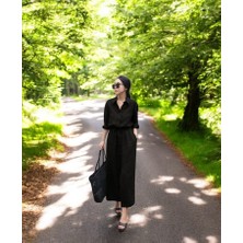 Barbora Keten Günlük Rahat Beli Bağcık Detaylı Uzun Kol Elbise