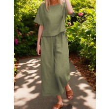 Barbora İkili Takım Alt Üst Keten Günlük Rahat Beli Lastikli Kadın