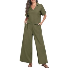 Barbora Kollu Salaş Rahat Elbise Zarif Kadin T-shirt ve Uzun Pantolon Alt Üst İkili Takım V Yaka Kısa