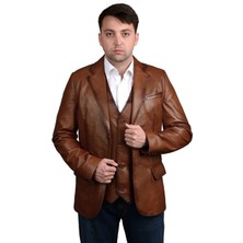 Derije Armada Hakiki Deri Erkek Taba Punto Dikişli Blazer Ceket & Yelek