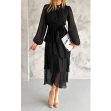 Neşeli Butik Kadın Astarlı Eteği Kat Kat Şifon Elbise NBKKLF2041