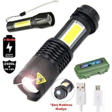 Şarjlı el feneri 2500 lumens + 5w cob led usb lion şarjlı ultra güçlü q5 xpe (4887)