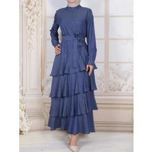 Eteği Katlı Kot Kemerli Elbise