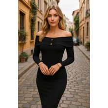 Ag Shoppings Kadın Madonna Yaka Düğme Detay Fırsat Ürün Midi Boy Elbise