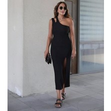 Ag Shoppings Kadın Kolsuz Tek Omuz Damla Detay Janjan Krep Elbise