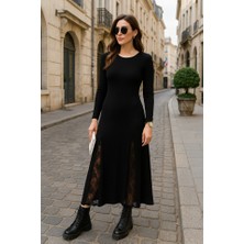 Ag Shoppings Kadın Uzun Kollu Bisiklet Yaka Sırt Dekolteli Dantel Yırtmaçlı Uzun Krep Elbise