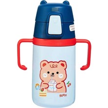 400ML Silikon Pipetli Sevimli Ayıcıklı Boyun Askılı Bebek Kulplu Paslanmaz Çelik Termos (Lacivert)