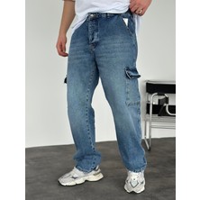 Erkek Baggy Fit Kargo Cepli Jean Kot Pantolon Mavi