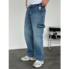 Erkek Baggy Fit Kargo Cepli Jean Kot Pantolon Mavi