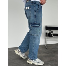Erkek Baggy Fit Kargo Cepli Jean Kot Pantolon Mavi