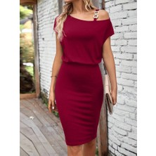 Sosostyle Kadın Kısa Kollu Tek Omuz Askı ve Aksesuar Detay Beli Lastikli Krep Elbise