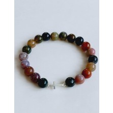 18 Ayar Altın Kaplama Tibet Akik Doğal Taşlı Haç Çarpı Tasarım Kadın Gümüş Bileklik