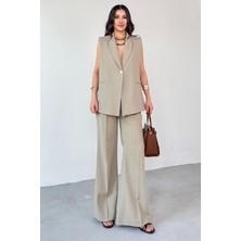 Cappmoda TKM-13257 Haki Kruvaze Yaka Vatkalı Yelek Arka Bel Lastikli Salaş Pantolon Ikili Takım