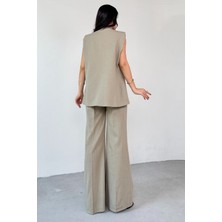Cappmoda TKM-13257 Haki Kruvaze Yaka Vatkalı Yelek Arka Bel Lastikli Salaş Pantolon Ikili Takım