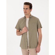 Pierre Cardin Erkek Haki Keten Karışımlı Regular Fit Kısa Kollu Gömlek 50303287-VR027