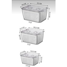 3 Lü Şeffaf Sebzelik Meyvelik Saklama Kabı Seti 9l,5l, 2.5l Hava Sirkülasyonlu Süzgeçli, Kapaklı