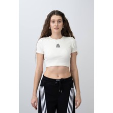 09-15 Yaş Kız Çocuk Nakışlı Yarım Kol Crop - Vanilya-Siyah