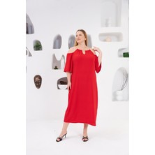 Yaka Zincirli Büyük Beden Günlük Elbise Kırmızı