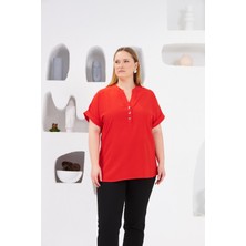 Fiyonk Düğme Detaylı Büyük Beden Bluz Mercan