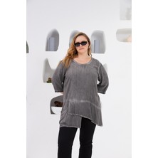 Asimetrik Kesim Cep Detaylı Büyük Beden Bluz Füme