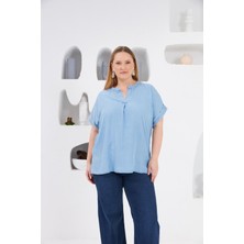 Yaka Detaylı Büyük Beden Bluz Buz Mavisi