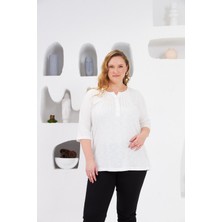 Yaka Nervürlü Büyük Beden Bluz Ekru
