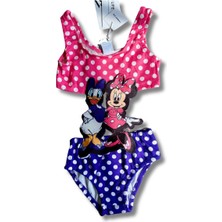 Kız Çocuk Minnie Mouse Daisy Figürlü Pembe Mor Puantiyeli Lastikli Mayokini Çocuk Mayo