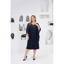 Taş Işlemeli Büyük Beden Abiye Elbise Lacivert