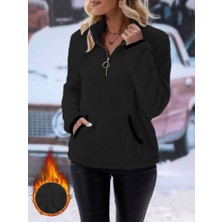 AYDOGANTICARET44 Kadın Uzun Kollu Önden Fermuarlı Cepli Peluş Sweat