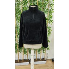 AYDOGANTICARET44 Kadın Uzun Kollu Önden Fermuarlı Cepli Peluş Sweat