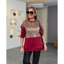 AYDOGANTICARET44 Kadın Üç Iplik Şardonlu Kumaş Leopar Desenli Bluz