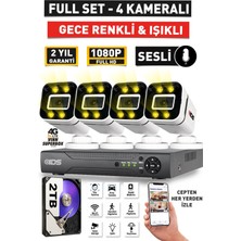 Sesli - 4 Kameralı Fullhd Gece Renkli ve Işıklı Güvenlik Kamerası - Kamera Seti 2tb Disk