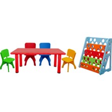 Plastik Ayaklı Anaokulu Kreş Aktivite Masası Seti – 4 Sandalye + Kitaplık Dahil Çocuk Takımı