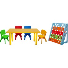 Metal Ayaklı Anaokulu Kreş Aktivite Masası Seti – 4 Sandalye + Kitaplık Dahil Çocuk Takımı
