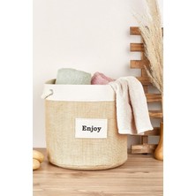 Krem Şeritli Silindir Jüt Sepet - Büyük