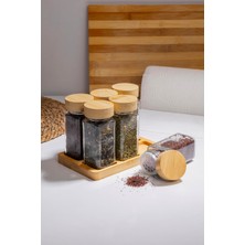 Mcreative Doğal Bambu Kapaklı 6'lı Cam Baharatlık Seti Vakumlu Kapak ve Ahşap Stand