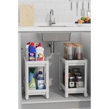 Mcreative Life 2 Adet 2 Katlı Tekerlekli Tezgah Altı Beyaz Banyo Mutfak Rafı MIT1120