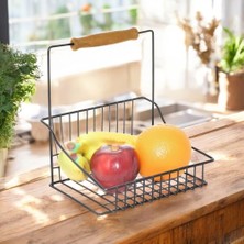 Ferforje Tek Sepet, Ahşap Kulplu Mutfak Banyo Salon Ofis Düzenleyici Sepet Organizer Siyah, 20 x 20  cm