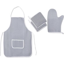4 Lü Mutfak Çeyiz Seti ; Mutfak Önlüğü, Fırın Eldiveni ve Tutacak Takımı Gri