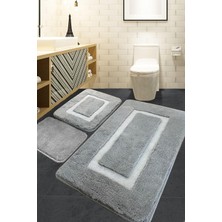 Home Quadrato Frame Grey 3'lü Set Banyo Halısı Akrilik, 60 x 100