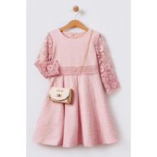 Çiçek Dantel Nakışlı Kloş Etekli Uzun Kollu Kız Çocuk Elbisesi - Pudra