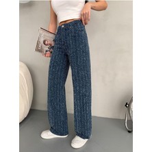 Alanora Kadın Mavi Punch Detaylı Özel Tasarım Wide Leg Jean Pantolon