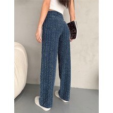 Alanora Kadın Mavi Punch Detaylı Özel Tasarım Wide Leg Jean Pantolon