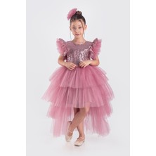 Pul Payet Kuyruklu Kız Çocuk Abiye Elbise - Gül Kurusu