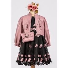 Pembe Deri Çeketli Çantalı Siyah Kız Çocuk Abiye Elbise